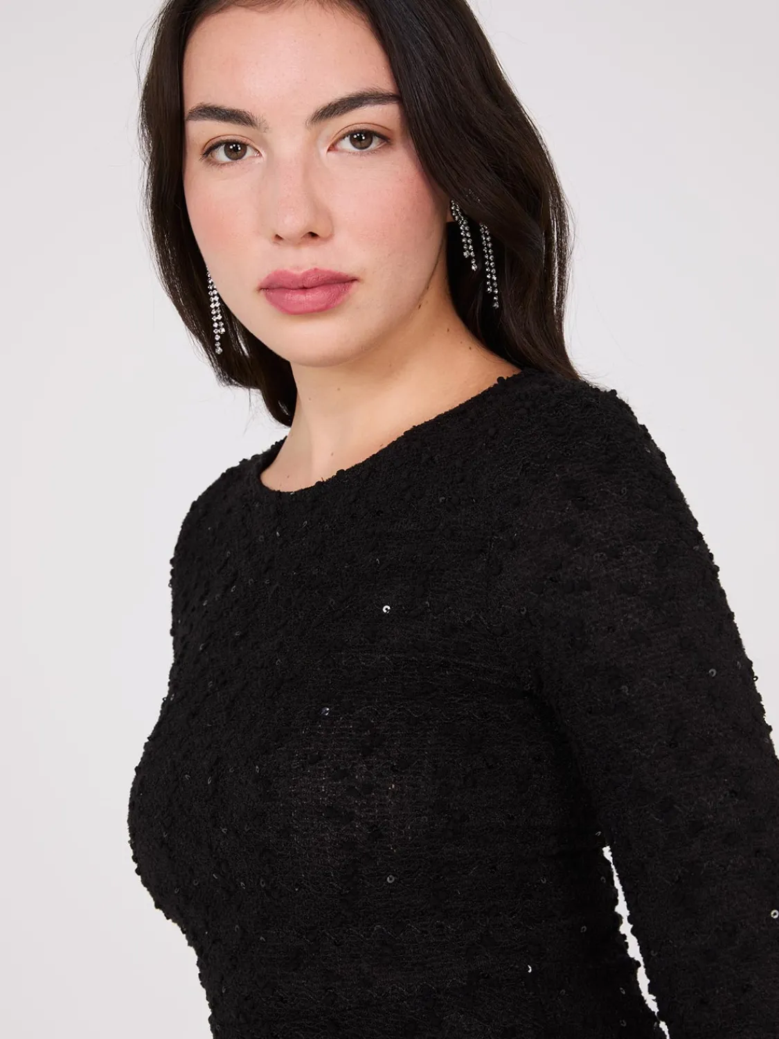 Suzy Shier Tops|Long Sleeve>Sequin Boucle Peplum Top