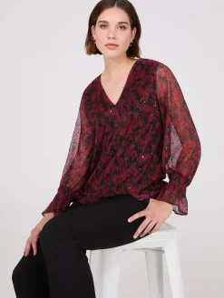 Suzy Shier Long Sleeve|Fashion Tops>Sequin Floral Print Mesh Top