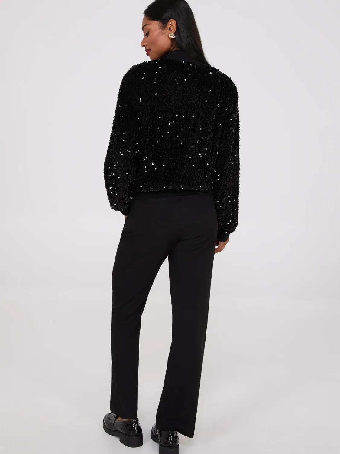 Suzy Shier Long Sleeve|Fashion Tops>Sequin Velvet Bomber Jacket