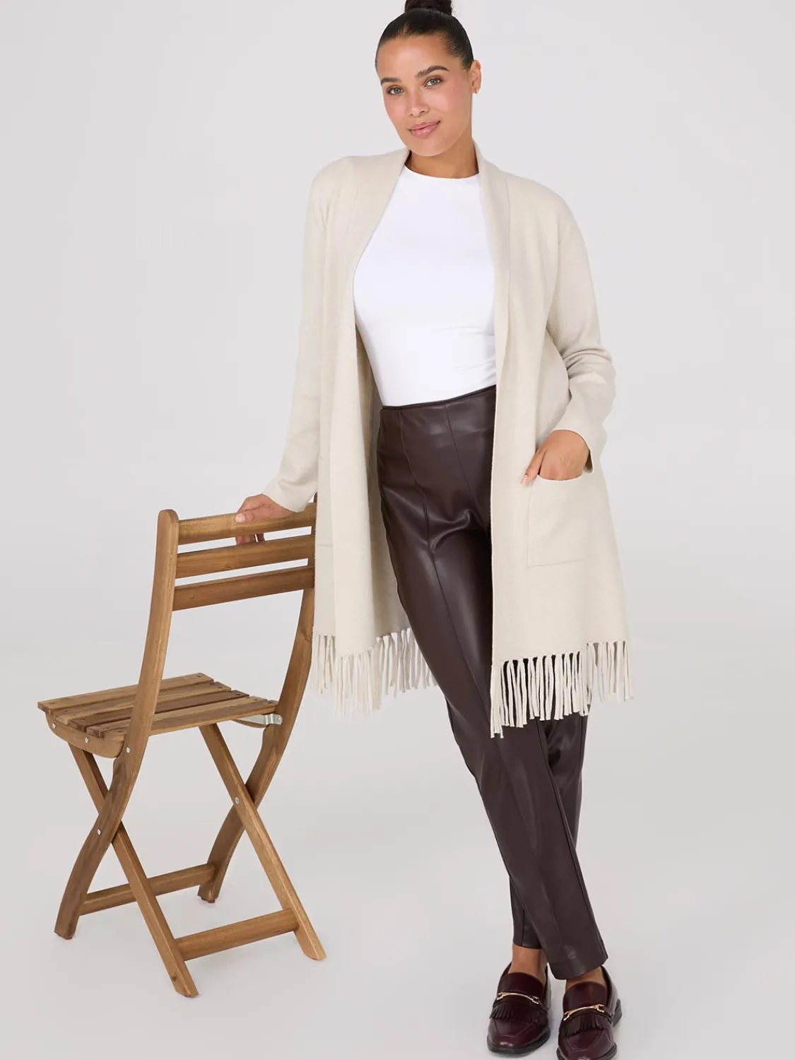 Suzy Shier Long Sleeve|Sweaters & Cardigans>Shawl Collar Duster With Fringe Hem