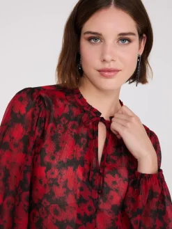 Suzy Shier Tops|Long Sleeve>Shimmer Floral Print Peplum Blouse