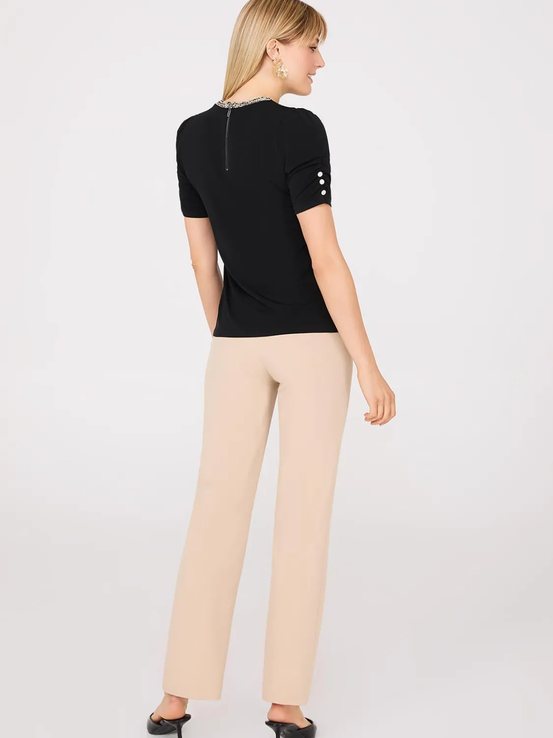 Suzy Shier Tops|Short Sleeve>Short Puff Sleeve Boucle Neck Top