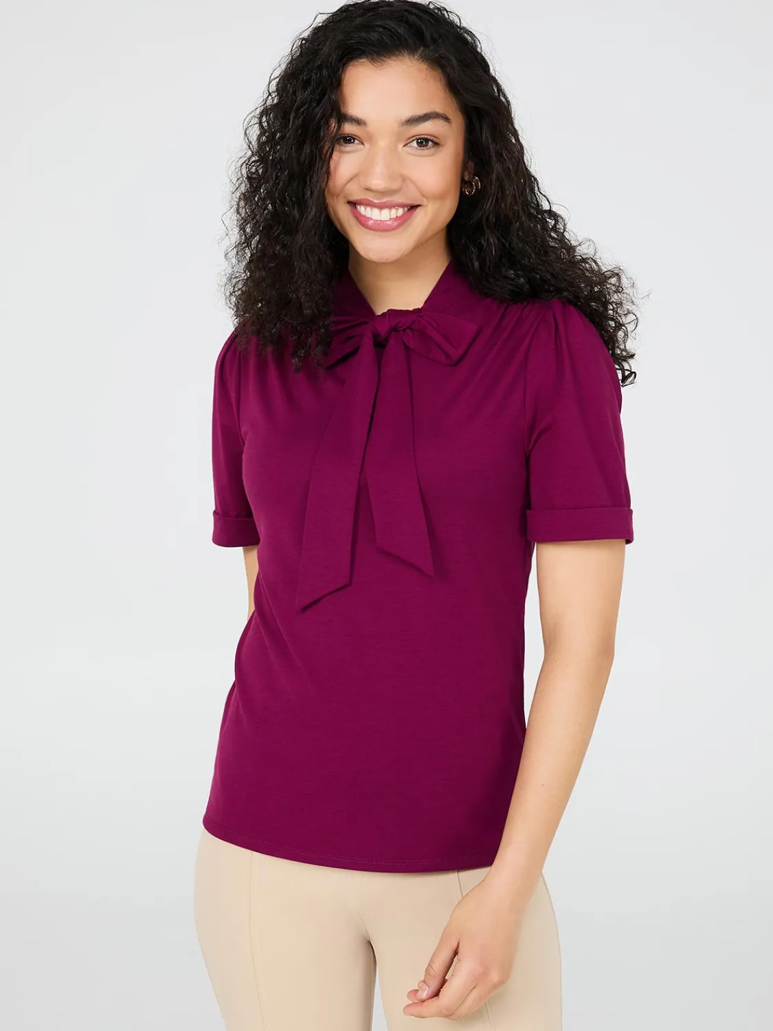Suzy Shier Tops|Short Sleeve>Short Sleeve Tie-Neck Top
