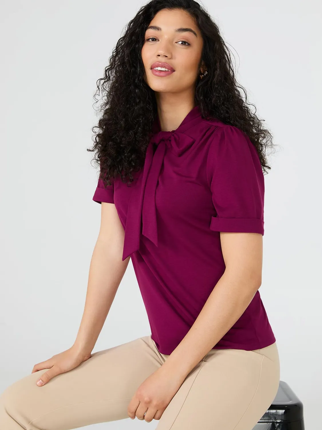 Suzy Shier Tops|Short Sleeve>Short Sleeve Tie-Neck Top