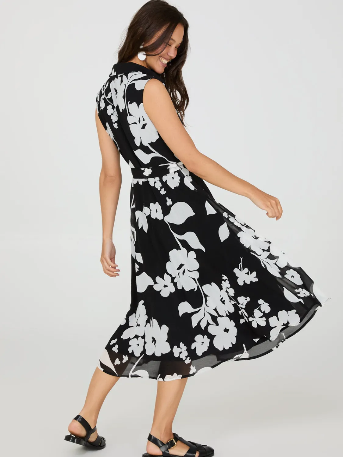 Suzy Shier Midi & Maxi>Sleeveless Floral Print Button-Front Midi Dress