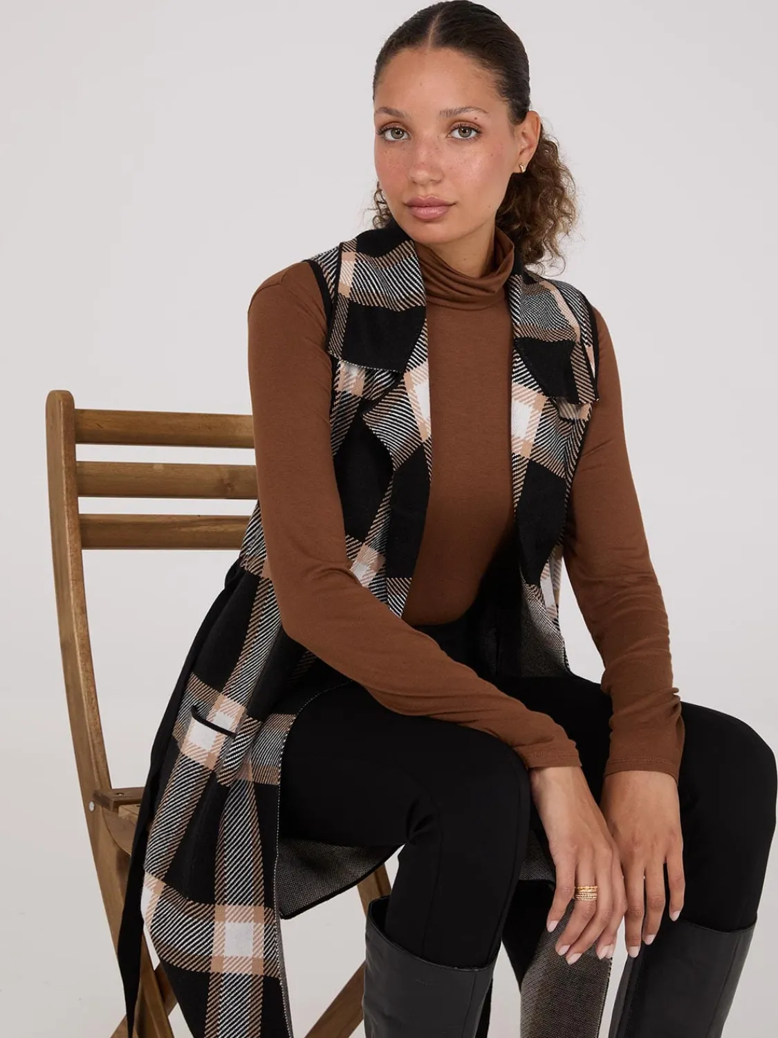 Suzy Shier Sleeveless|Sweaters & Cardigans>Sleeveless Open-Front Plaid Duster