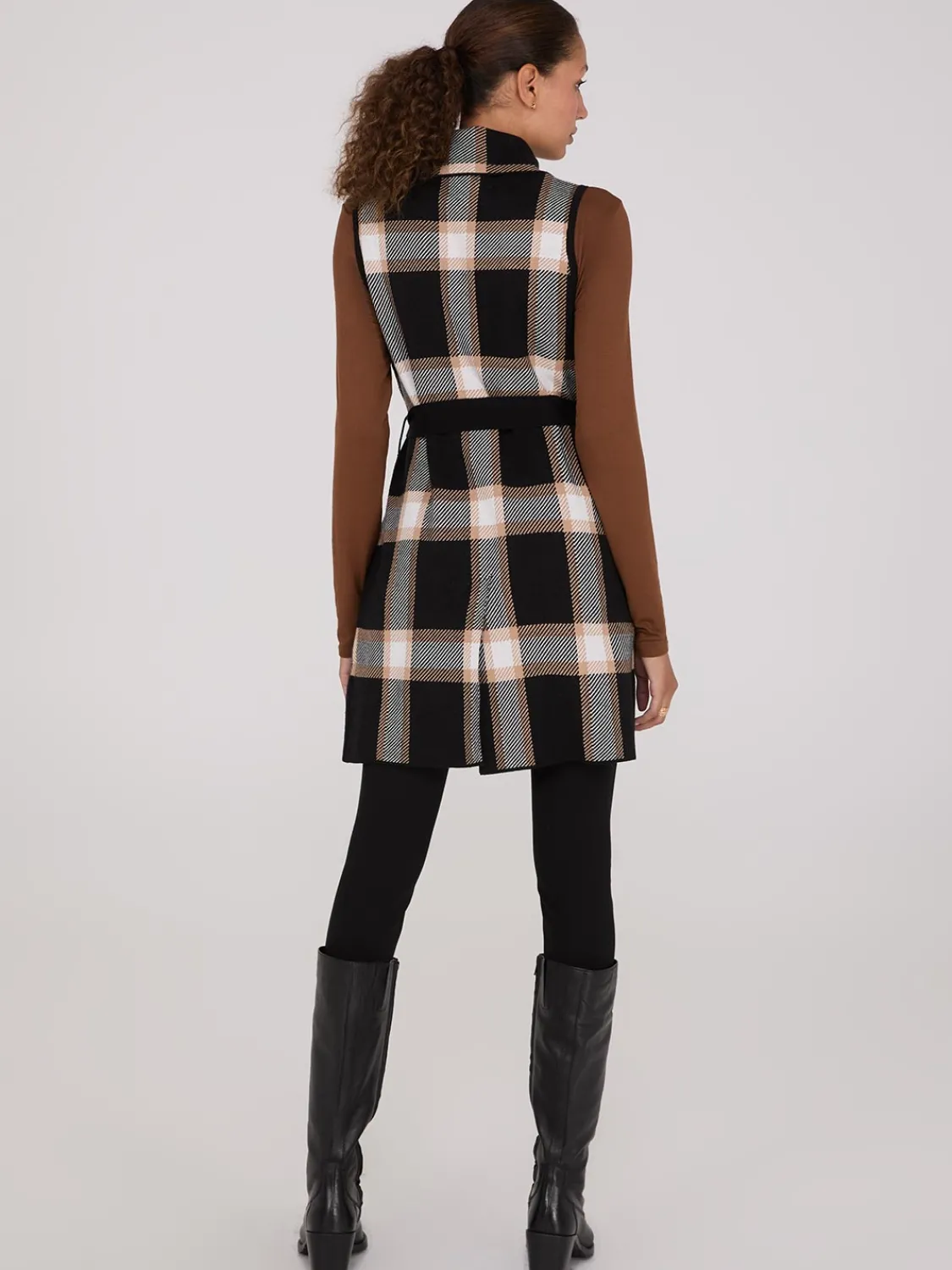 Suzy Shier Sleeveless|Sweaters & Cardigans>Sleeveless Open-Front Plaid Duster