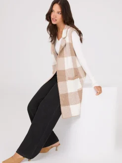 Suzy Shier Sleeveless|Sweaters & Cardigans>Sleeveless Plaid Collared Duster