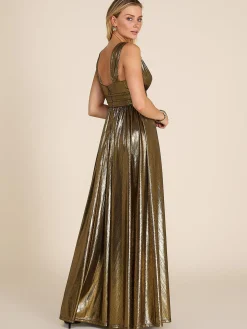 Suzy Shier Evening Gowns - Le Château>Sleeveless V-Neck Metallic Foil Knit Gown