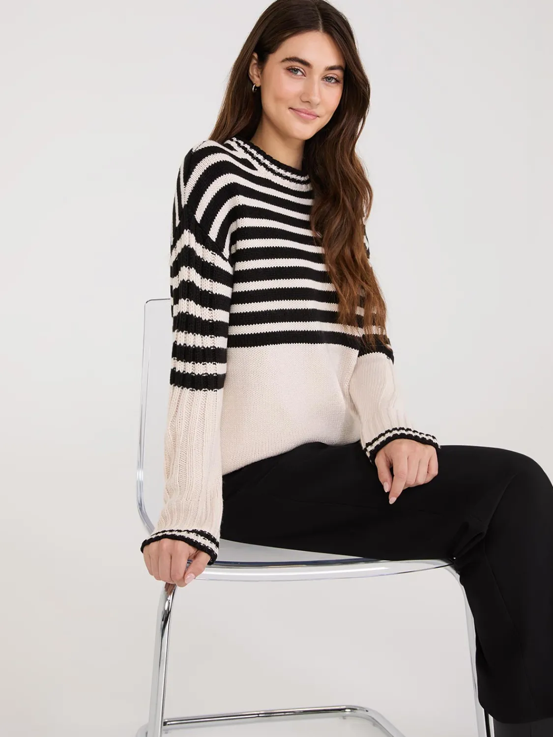 Suzy Shier Long Sleeve|Sweaters & Cardigans>Striped Crew Neck High-Low Sweater