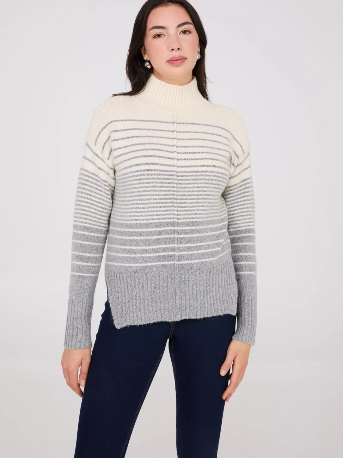 Suzy Shier Long Sleeve|Sweaters & Cardigans>Striped Mock Neck High-Low Sweater