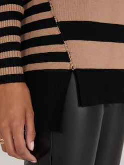 Suzy Shier Long Sleeve|Sweaters & Cardigans>Striped Ribbed V-Neck Tunic Top