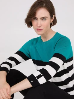 Suzy Shier Long Sleeve|Sweaters & Cardigans>Striped Round Neck Sweater With Button Details