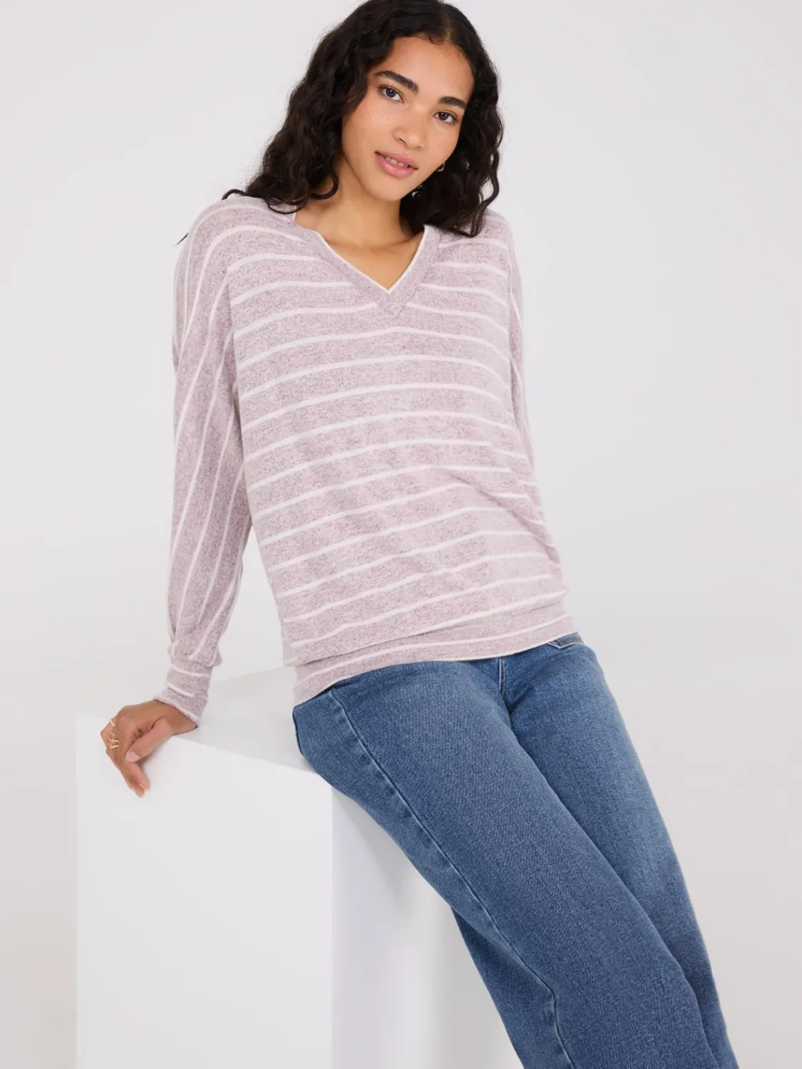 Suzy Shier Lounge & Pjs|Long Sleeve>Striped V-Neck Dolman Sleeve Top
