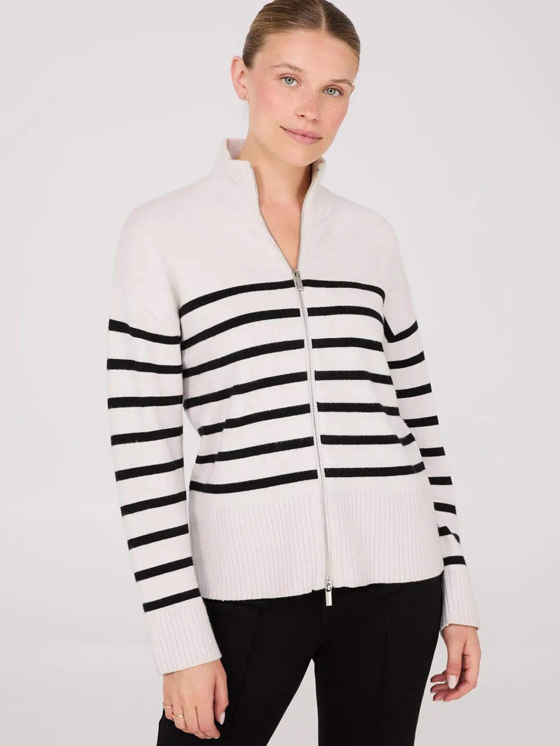 Suzy Shier Long Sleeve|Sweaters & Cardigans>Striped Zip-Front Sweater