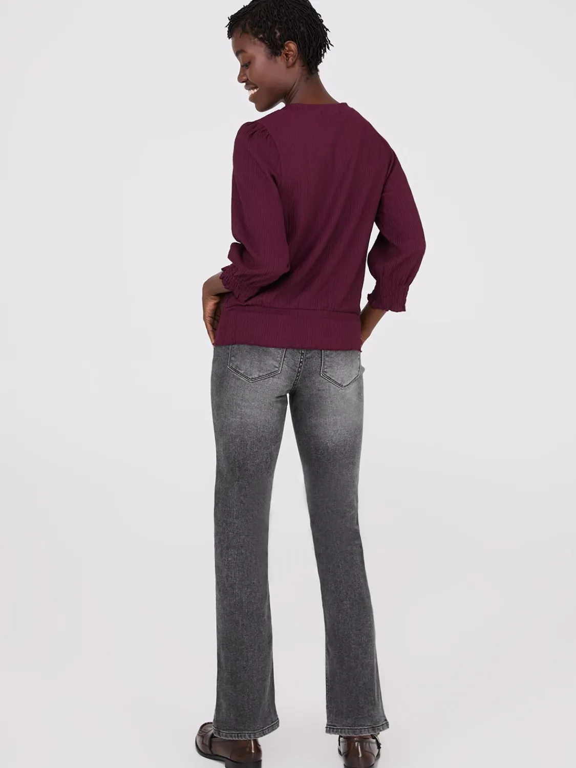 Suzy Shier Tops|Long Sleeve>Textured 3/4 Sleeve Round Neck Top