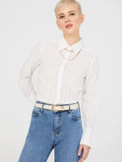 Suzy Shier Tops|Long Sleeve>Textured Long Sleeve Button-Front Blouse