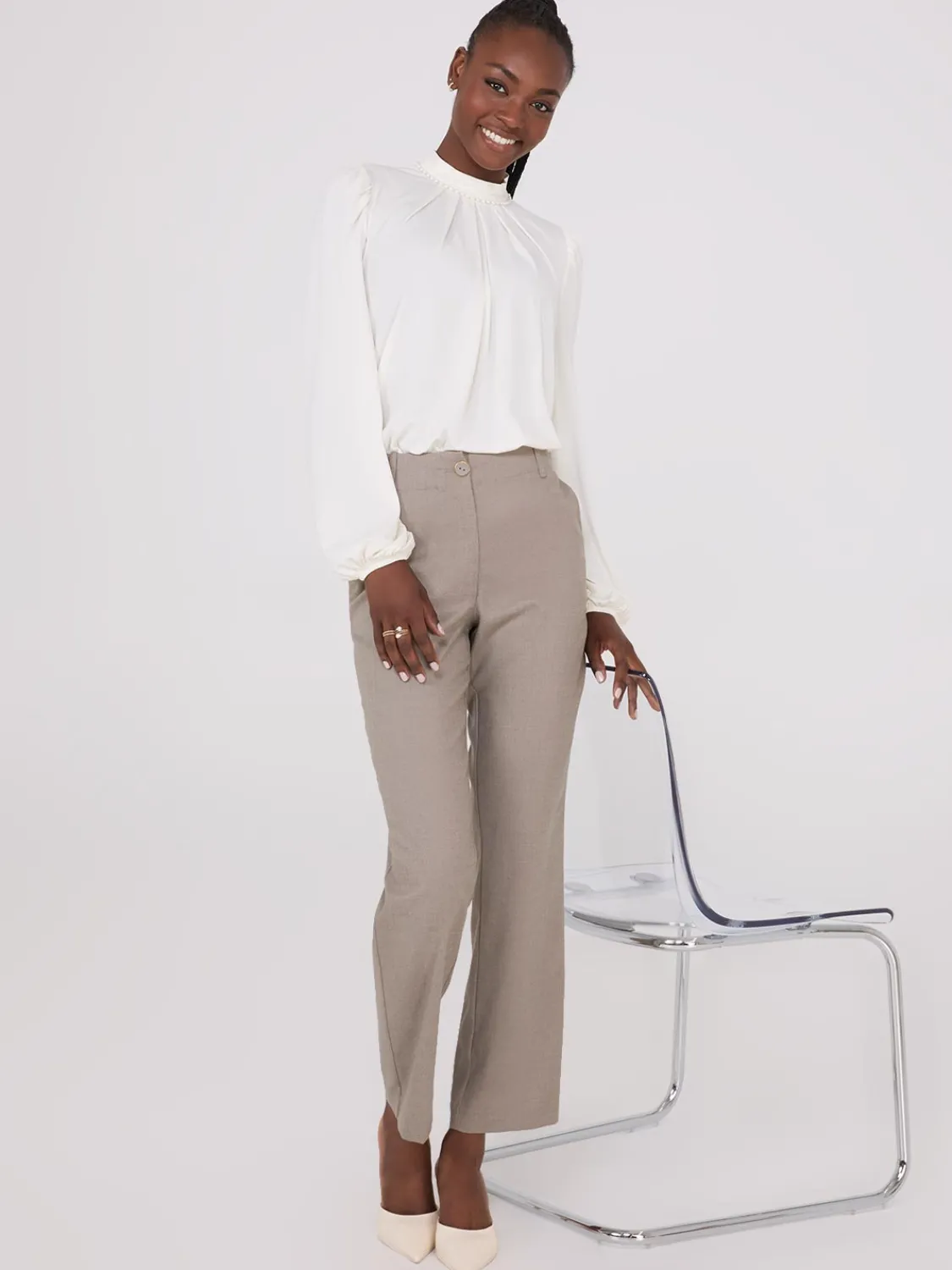 Suzy Shier Tops|Long Sleeve>Textured Mock Neck Top With Pearl Details