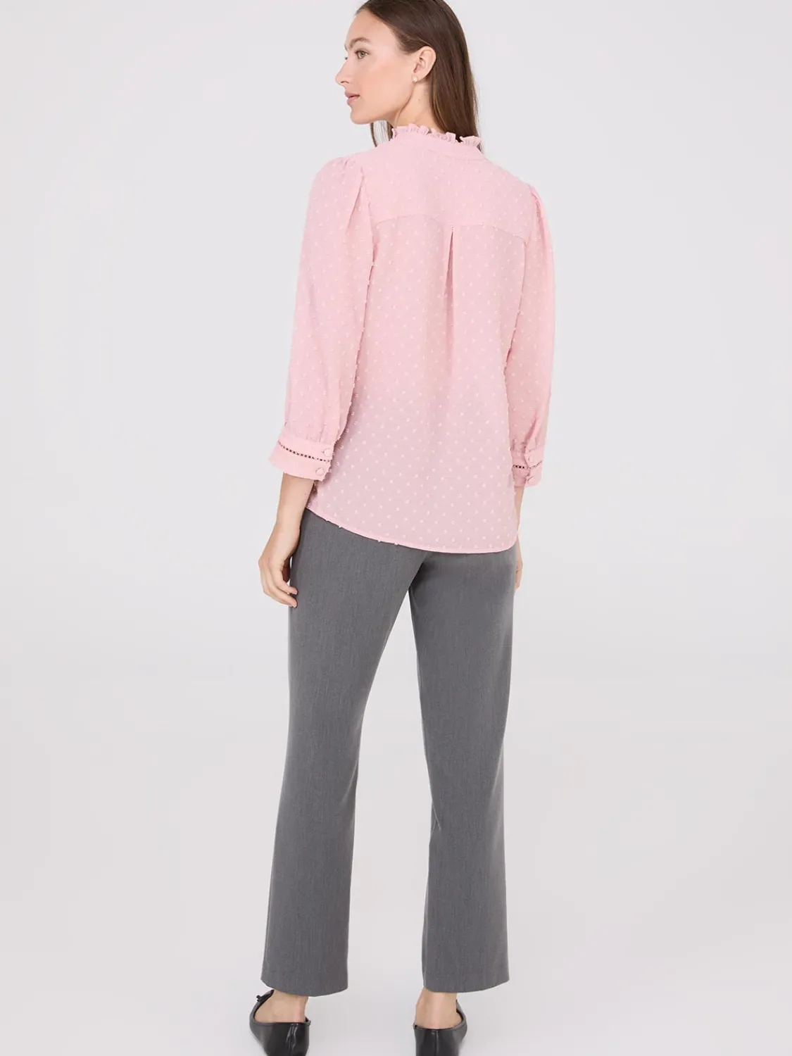 Suzy Shier Tops|Blouses>Textured Split Collar Button-Front Blouse