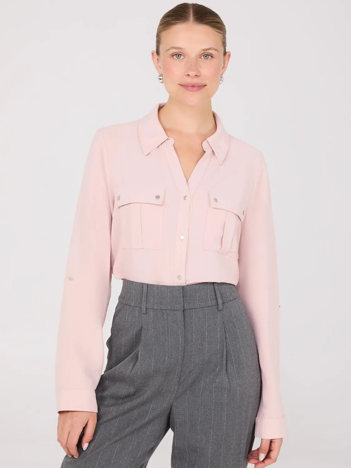 Suzy Shier Tops|Blouses>Textured Utility Pocket Blouse