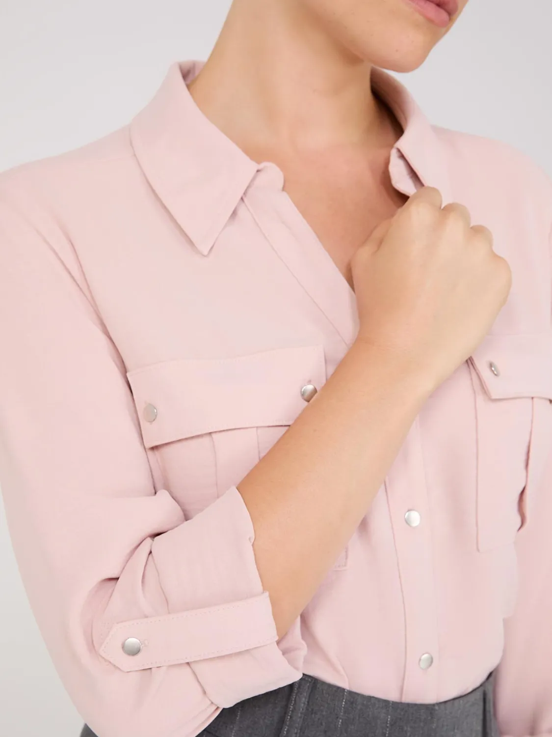 Suzy Shier Tops|Blouses>Textured Utility Pocket Blouse