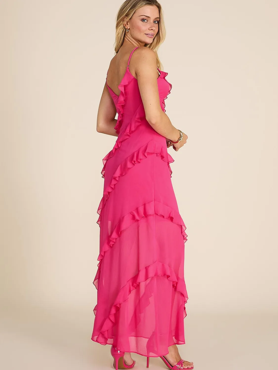 Suzy Shier Evening Gowns - Le Château>V-Neck Allover Ruffle Gown