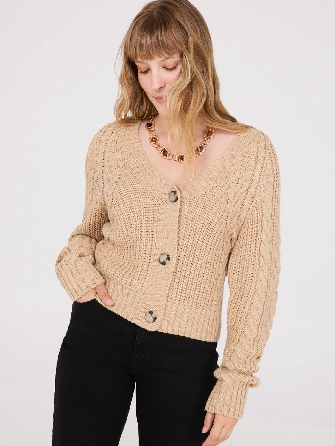 Suzy Shier Long Sleeve|Sweaters & Cardigans>V-Neck Multi Cable Cardigan
