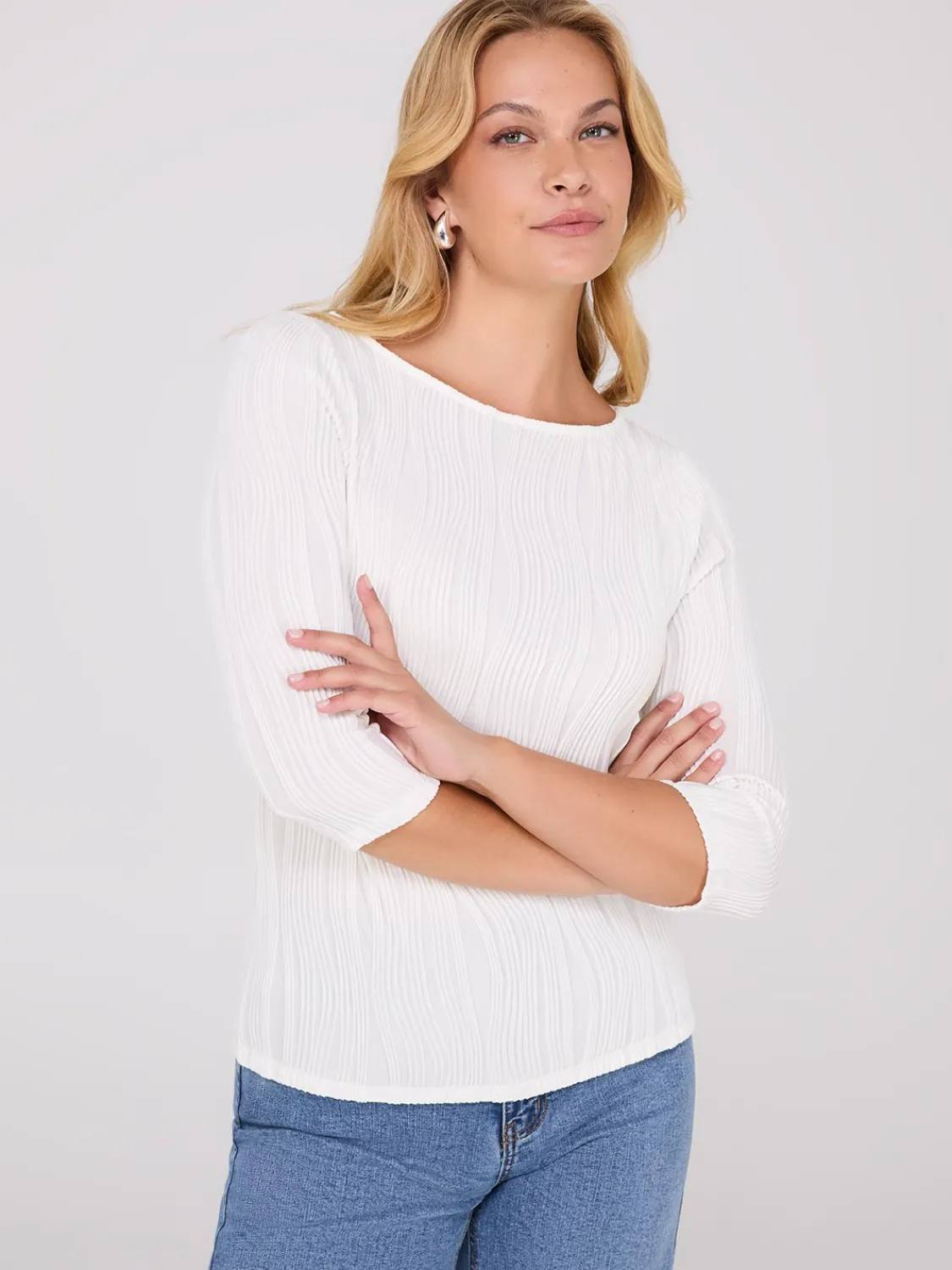 Suzy Shier Tops|Long Sleeve>Wave Pattern Boat Neck Top
