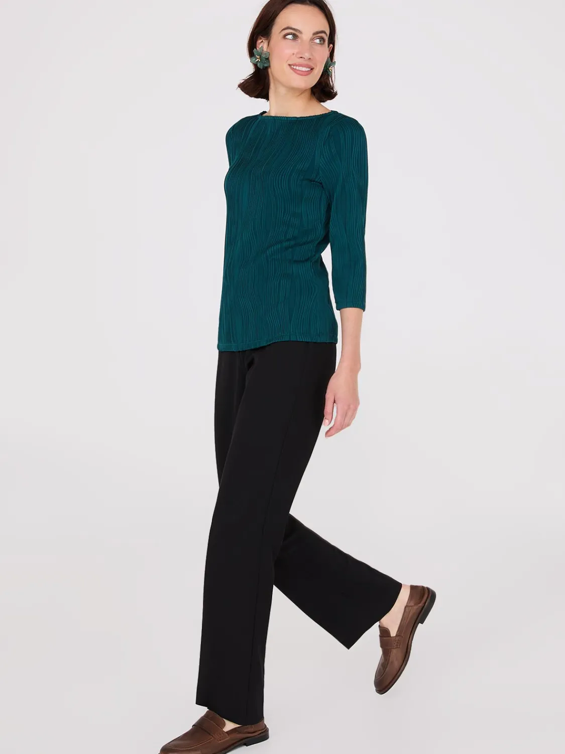 Suzy Shier Tops|Long Sleeve>Wave Pattern Boat Neck Top