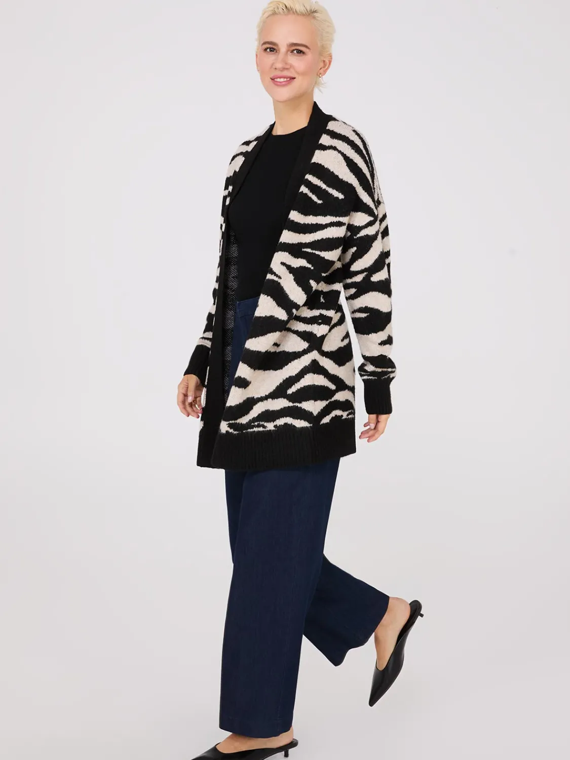 Suzy Shier Long Sleeve|Sweaters & Cardigans>Zebra Print Drop Shoulder Duster