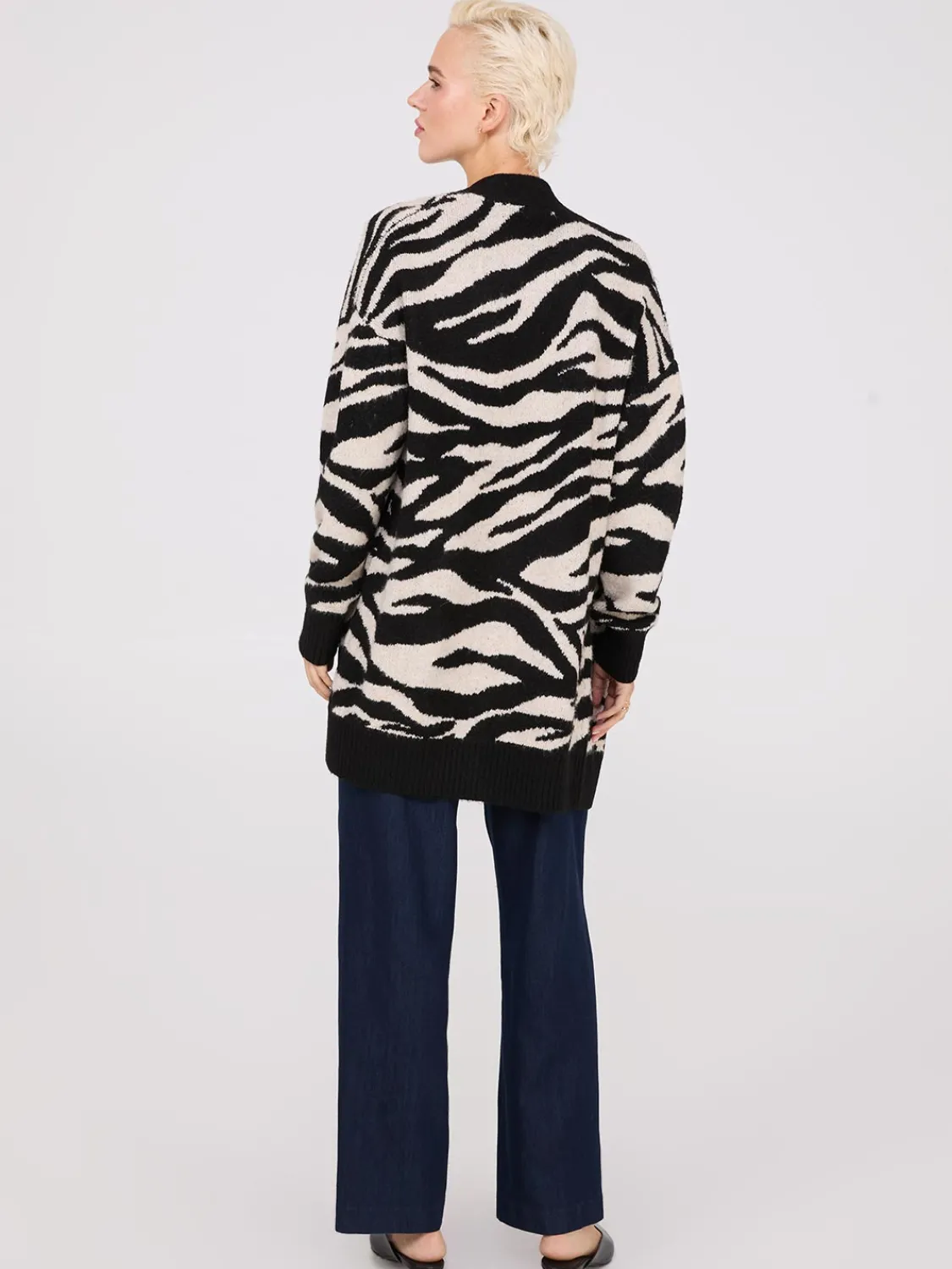 Suzy Shier Long Sleeve|Sweaters & Cardigans>Zebra Print Drop Shoulder Duster