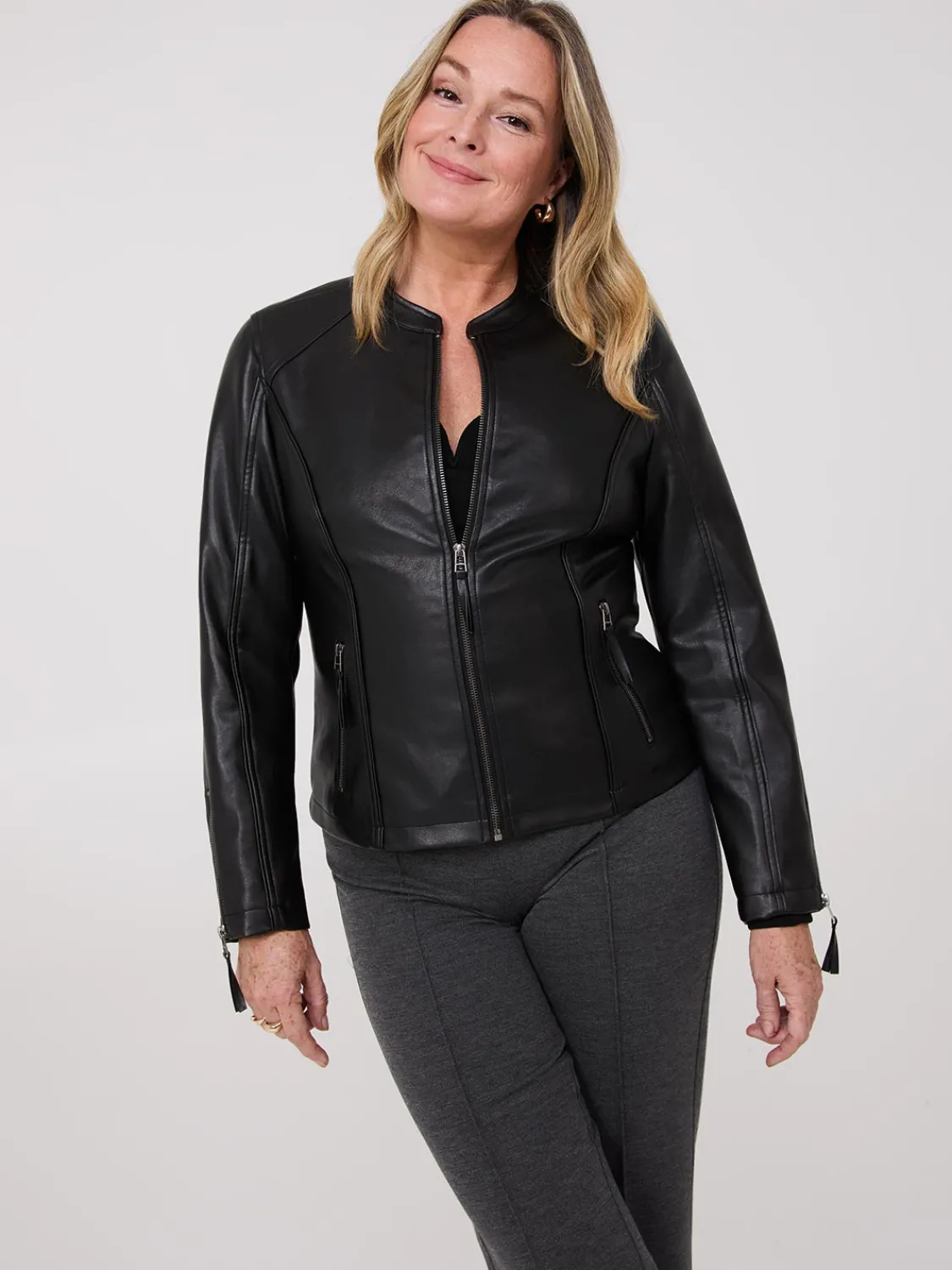 Suzy Shier Puffers & Jackets|Puffers & Jackets>Zip-Front Faux Leather Jacket